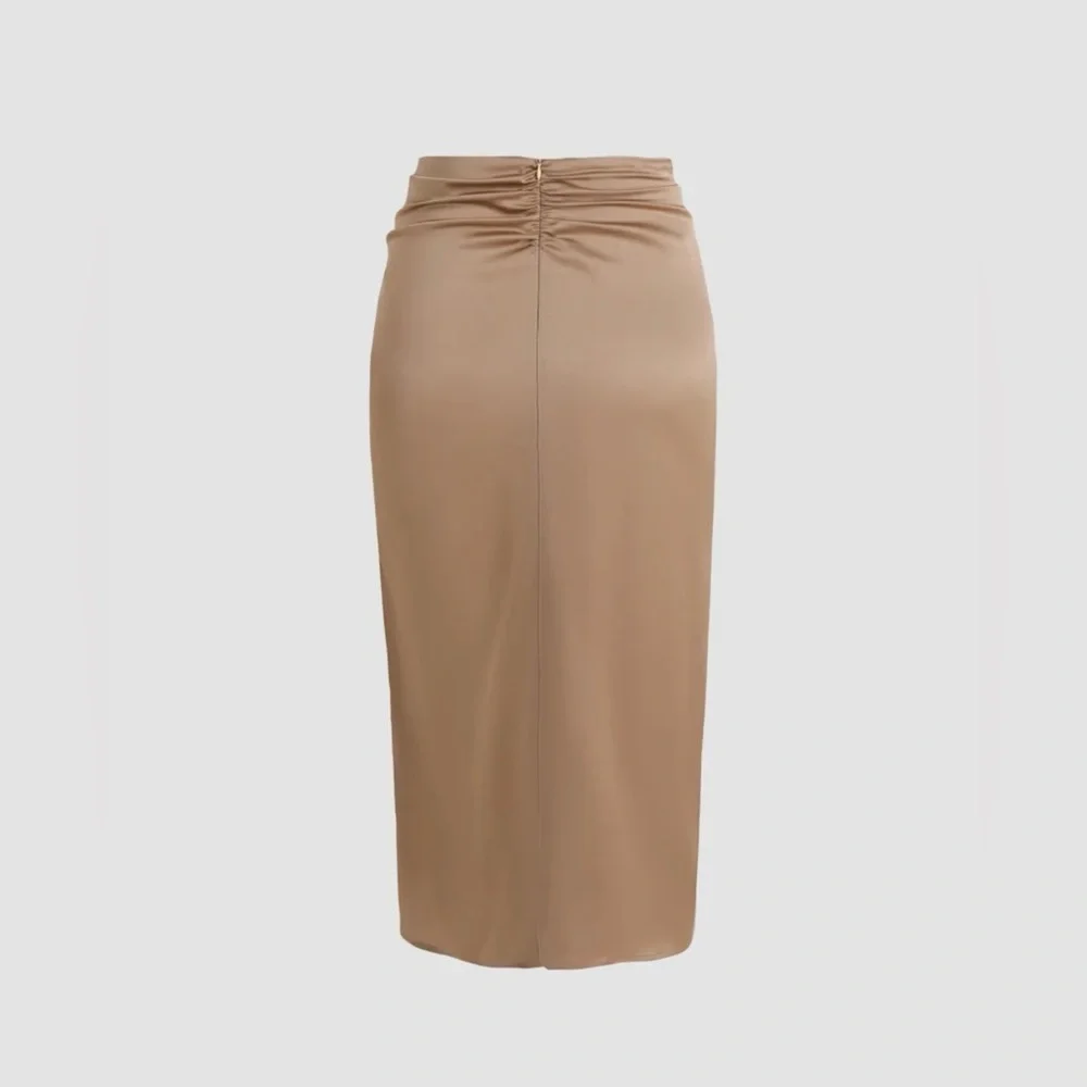 Satin Tie Front Slit Midi Skirt - Khaki - Picture 3 of 8
